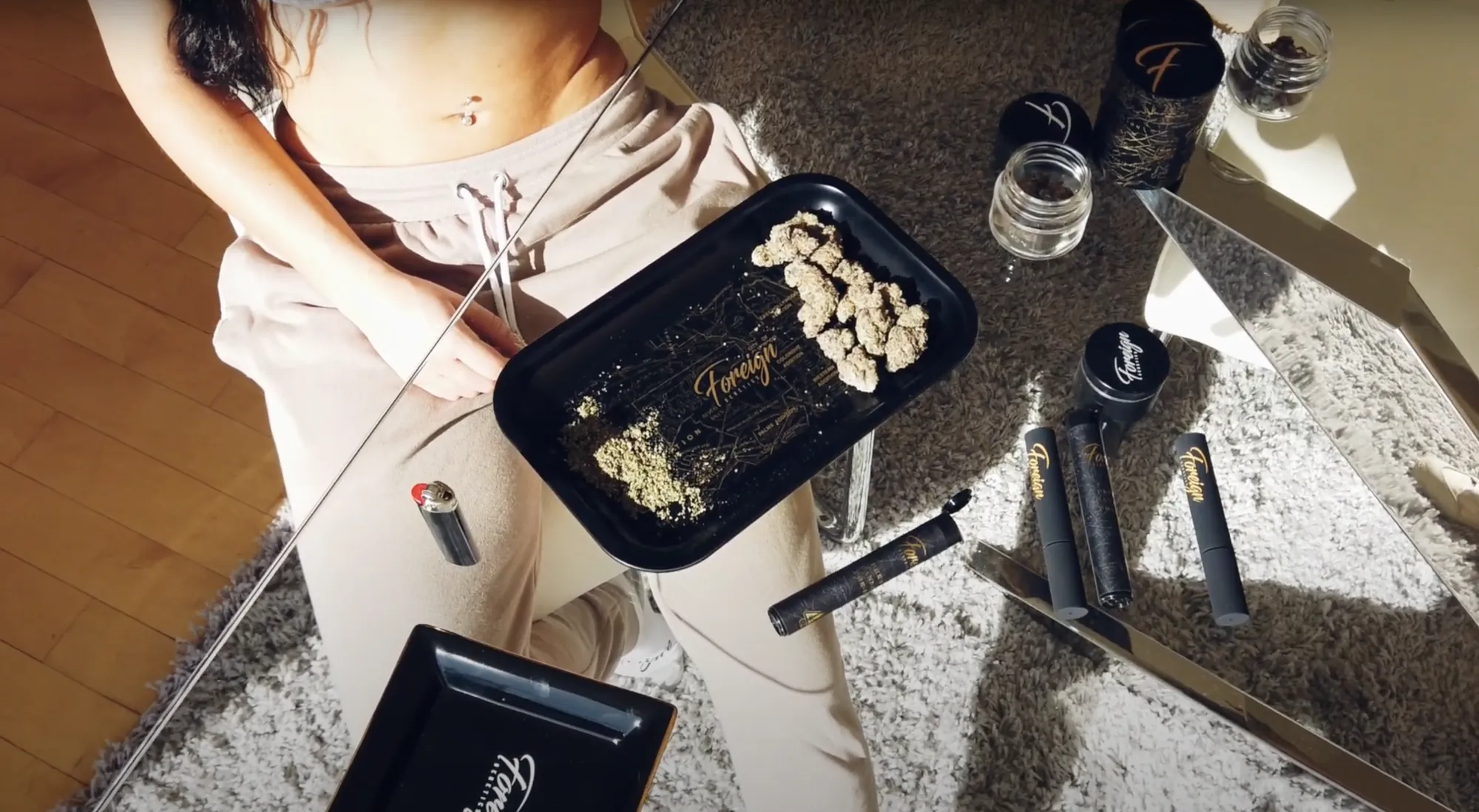 Foreign rolling tray with flower, overhead